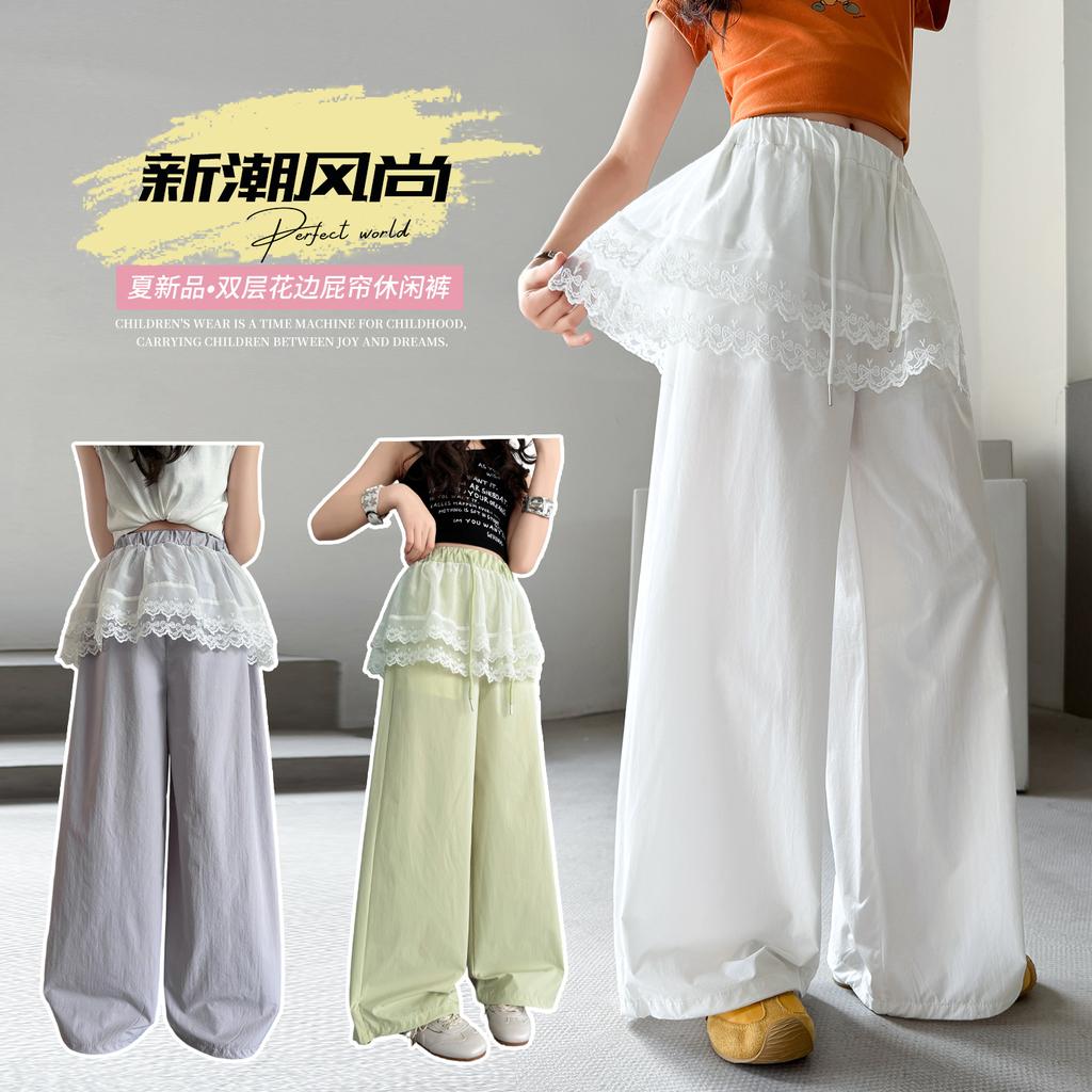 Girls' pants summer thin style children's lace lace lace fart curtain wide leg pants summer breathable big children's quick drying sports pants