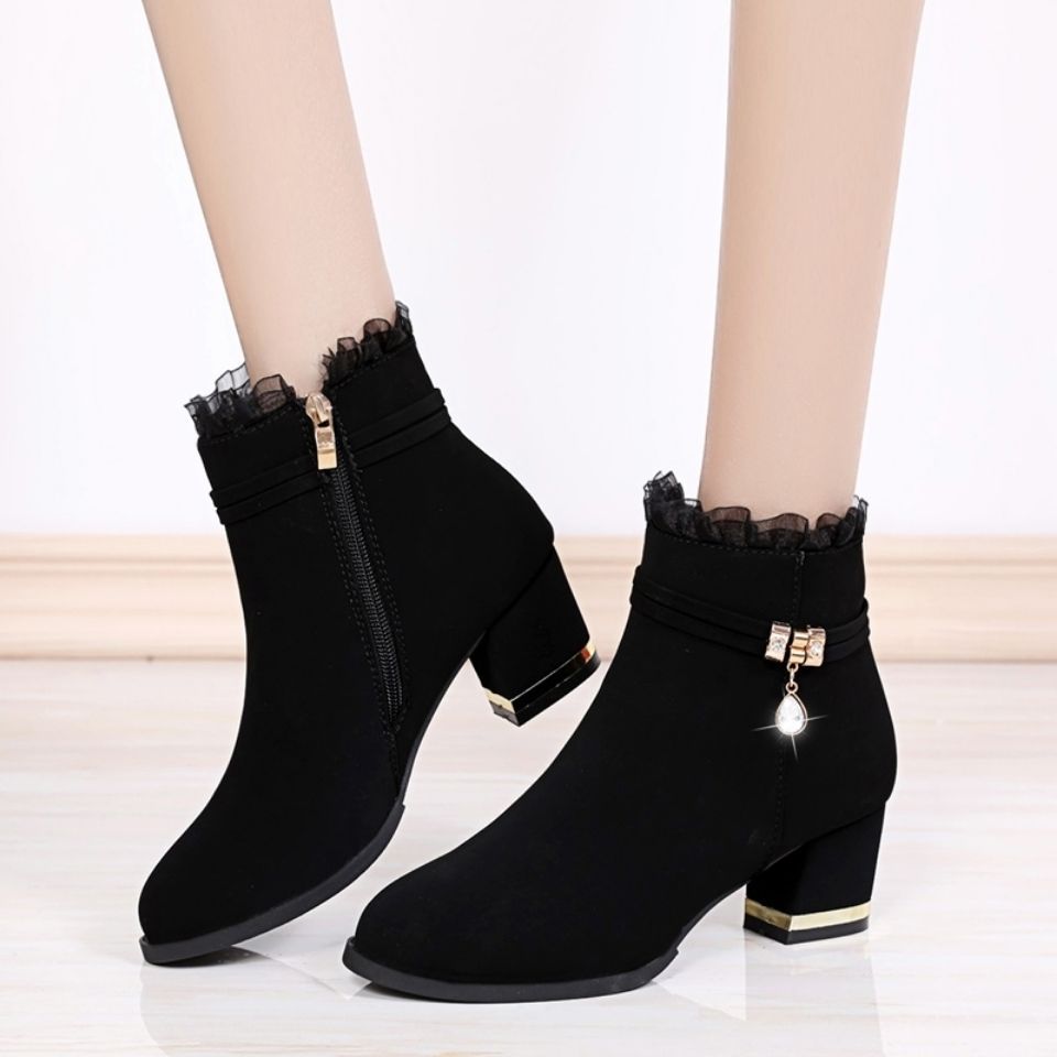 Thickened short boots women's thick heel 2025 autumn and winter warm Internet celebrity women's shoes non-slip versatile high heels velvet women