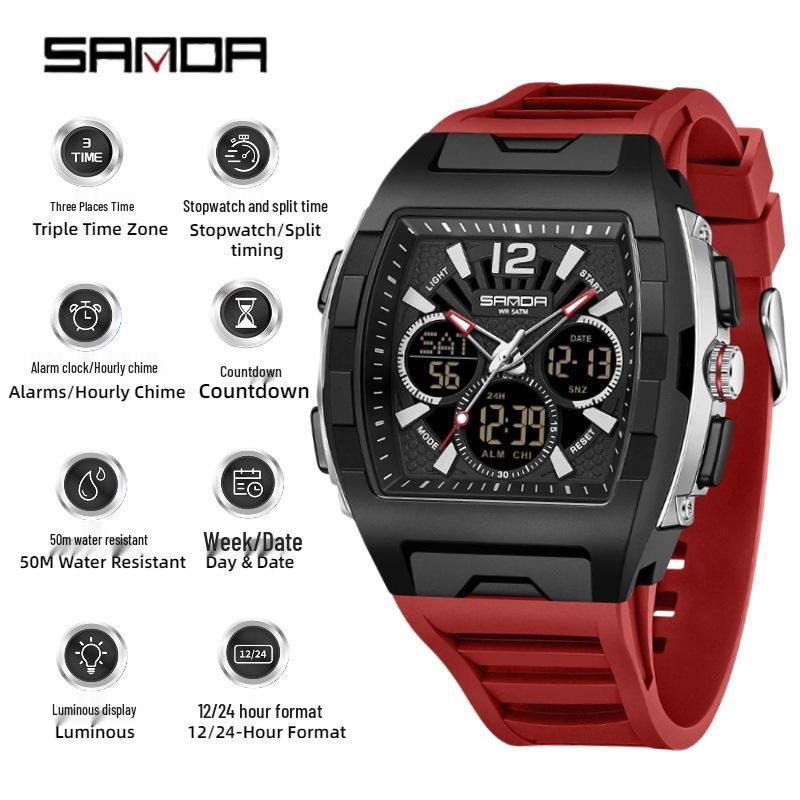 Sanda Men's Sports Barrel-Shaped Luminous Countdown Watch with Triple Time Zone and Dual Display, Waterproof Design.