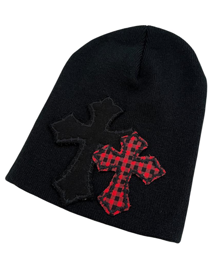 SK8ER ROCK Double Cross Patchwork Beanie ((Black))