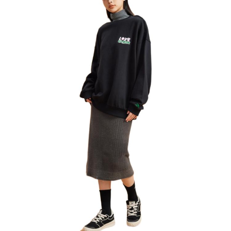 Anta Lifestyle Series Solid Color Round Neck Pullover Logo Letter Embroidery Long Sleeve Sweatshirt Women sweatshirt Black 962238722-3
