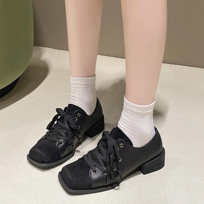 Spring and Autumn 2025 New Niche Mid-heel Retro Small Leather Shoes for Korean Style Lace-up Square Toe Fashion Women's Shoes