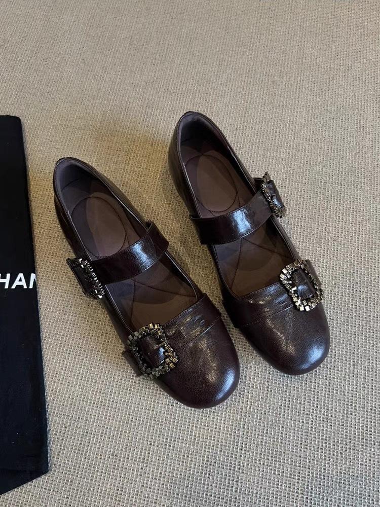 Sheepskin Version~ Retro Metal Square Buckle Mary Jane Small Leather Shoes Low Heel Round Head Leather Word with Shallow Mouth Single Shoes Women