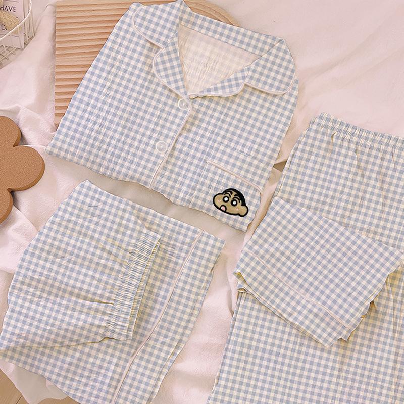 Simple Plaid Japanese Crayon Xiaoxin Fengyun Cotton Pajamas Women'S Summer Casual Loungewear Three-Piece Set