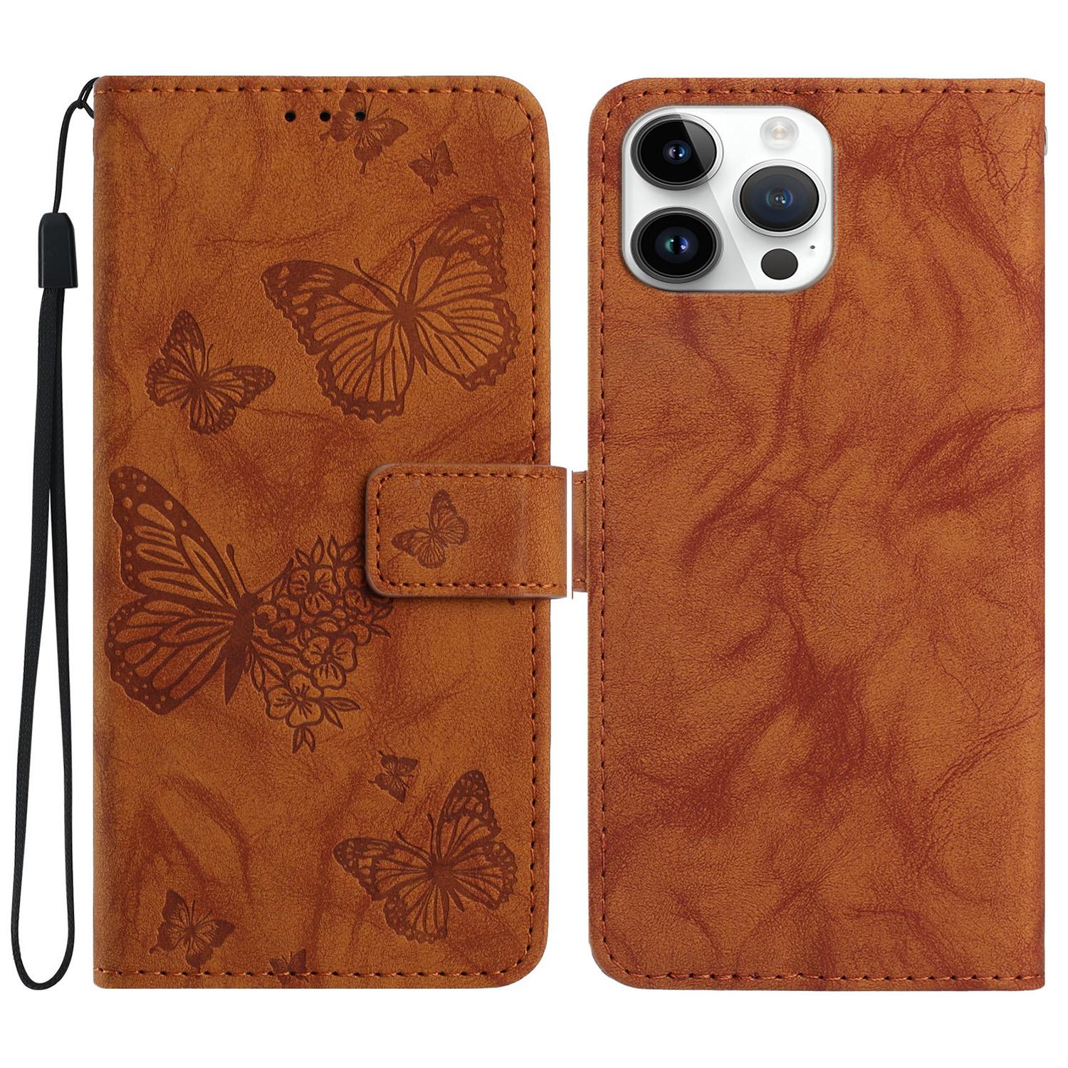 For iPhone 16 Pro Max Leather Case Butterfly Flower Imprinted Wallet Stand Flip Phone Cover with Wrist Strap