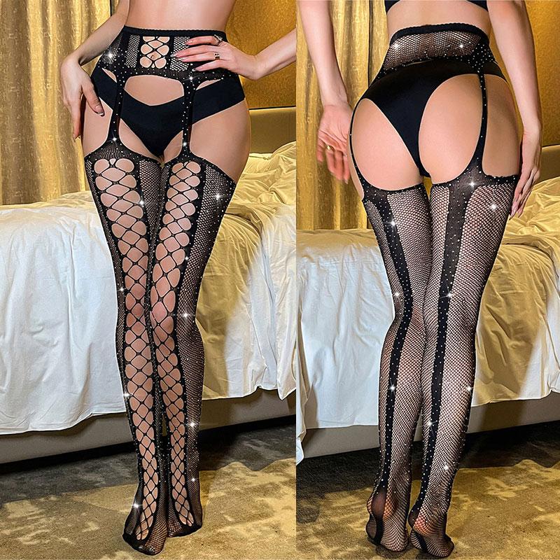New Rhinestone Lingerie Sexy Open Crotch Netting Pantyhose with Access Women Crotchless Mesh Fishnet Nylon Stocking Tight
