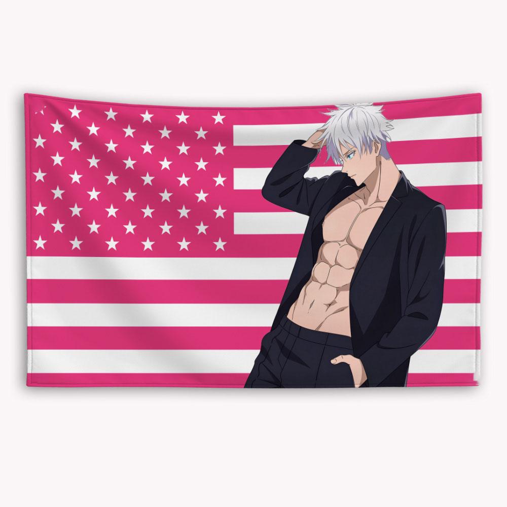 Anime Jujutsu Kaisen Pink American Flag Gojo Satoru Banner Home Decor Items Barber Shop Outdoor Decorations Tapestry Flaga Flags 74x94cm(29x37in)