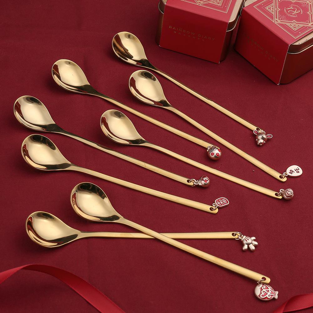 HANYANG Tableware Stainless Steel Spoon God of Fortune Lion Dance Gold Dessert Spoon Fortune Cat Fruit Fork