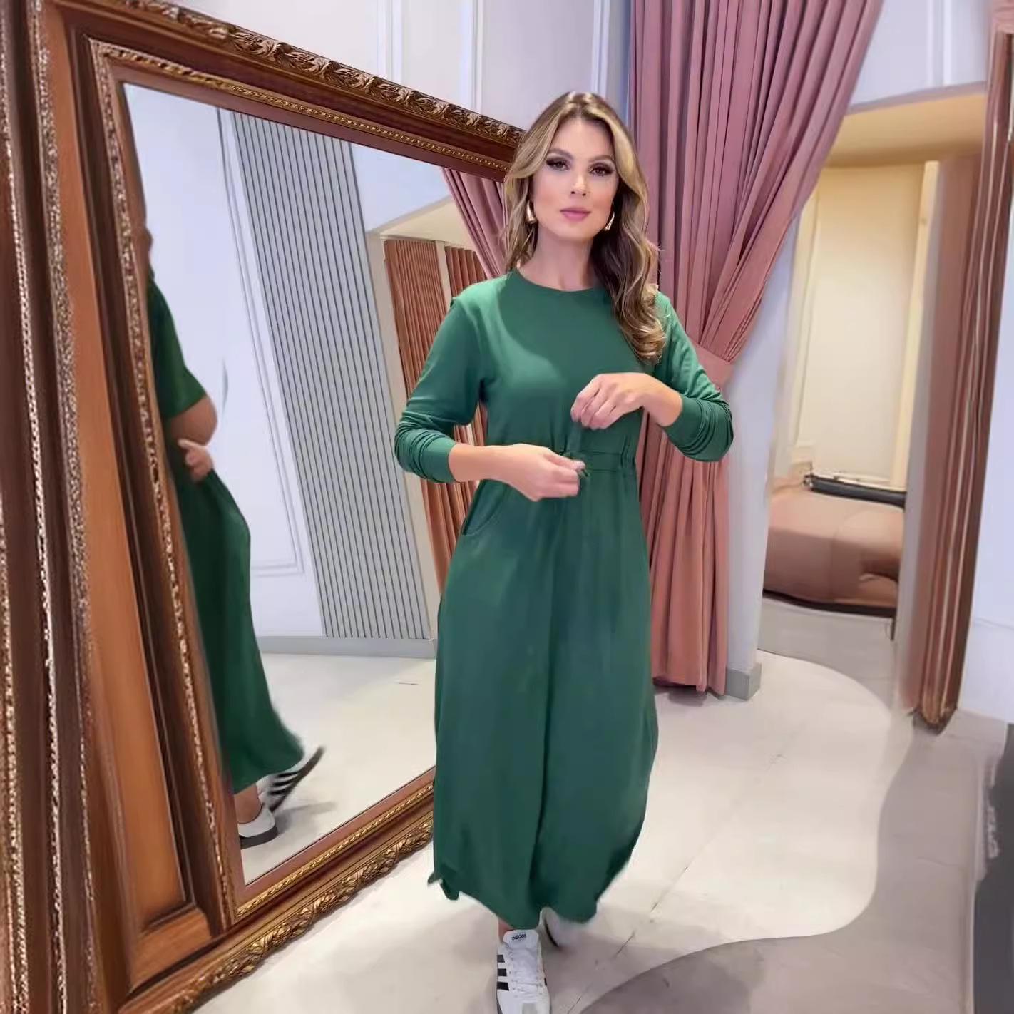 

Летнее европейско-американское однотонное платье с круглым вырезом, карманами и завязкой на талии, 2024 XL зелёный