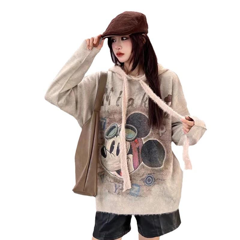 2024 A/W Rhinestone Mickey Hoodie Sweater - Women's Loose Knit Top in Versatile Lazy Style