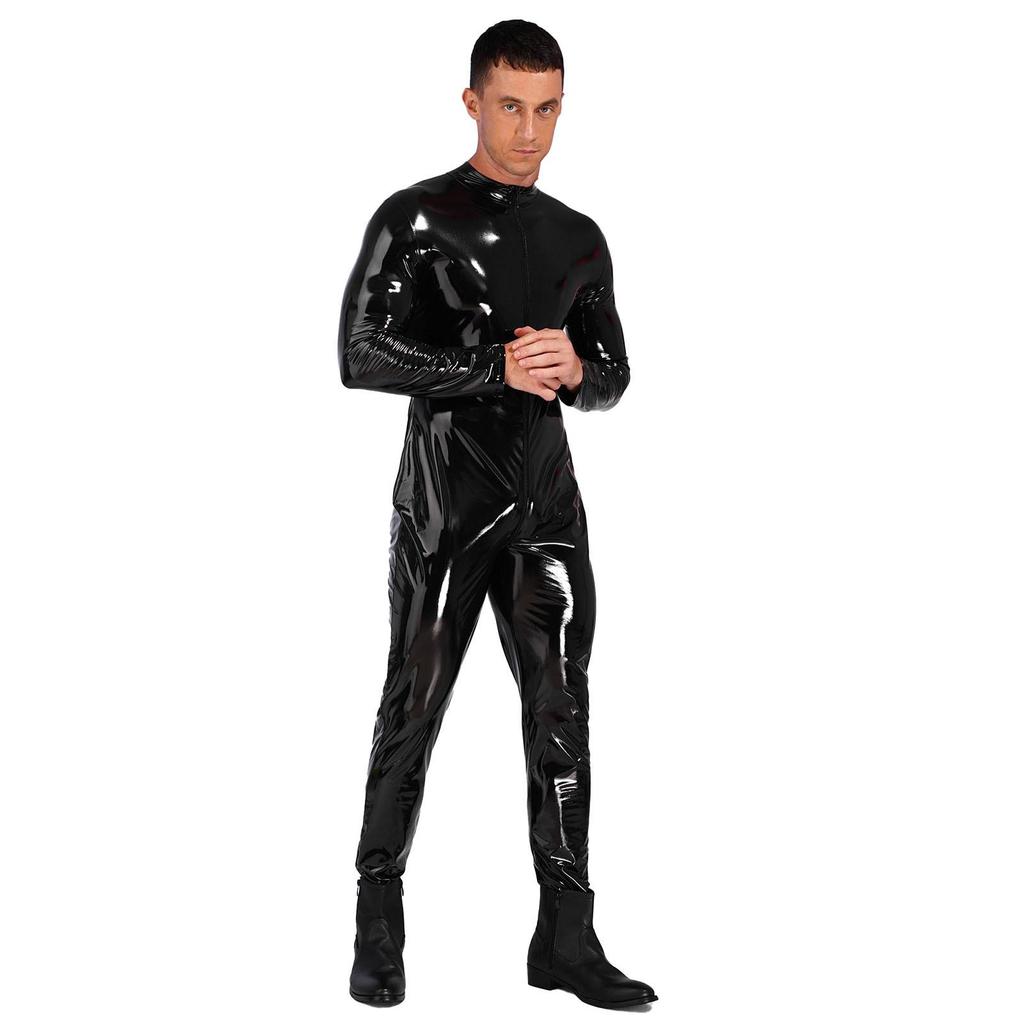 Mens Long Sleeve Bodysuit Jumpsuit Stand Collar Patent Leather Shiny Catsuit Party Clubwear