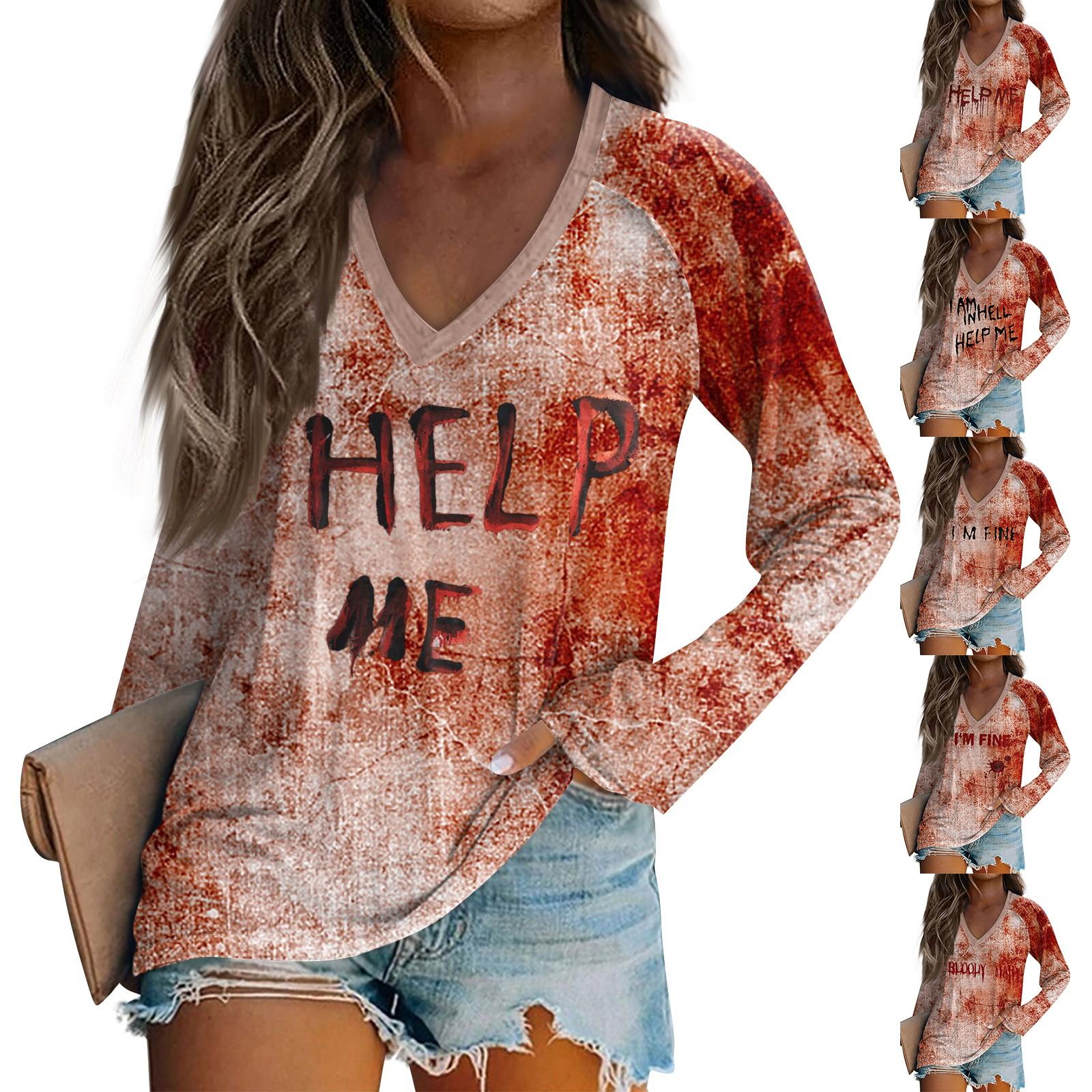 

Женская футболка с длинным рукавом и V-образным вырезом с принтом на Хэллоуин, повседневные базовые топы XXXL красный