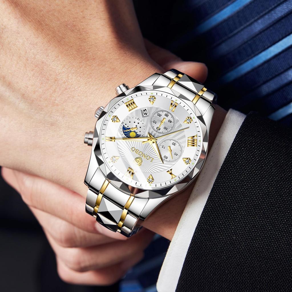 Stylish Men's Chronograph Watch, Business Watch, Quartz Movement, Stainless Steel Band, Sapphire Crystal, Waterproof, Luminous Hands, Blue Color. A