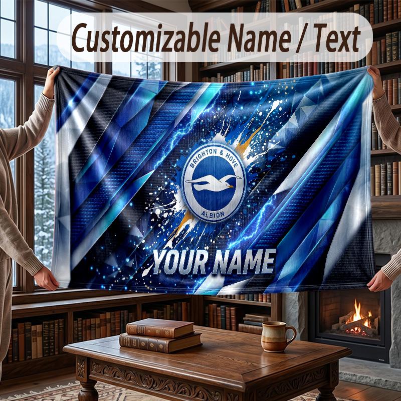 Custom Name Flannel Throw Blanket Brighton & Hove Albion Football Pattern Warm Home Decoration