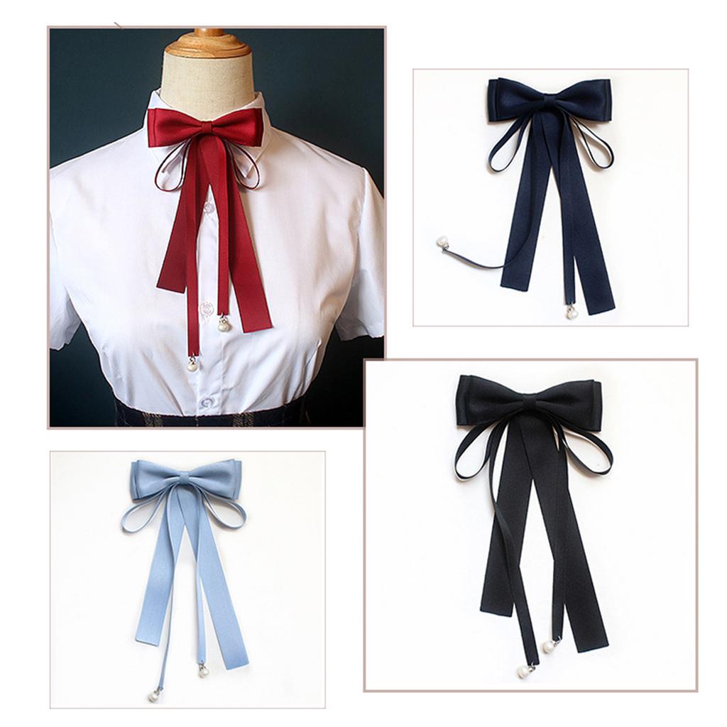 Elegant Pearls Long Ribbon Bowtie with Pin Pre Tied Adjustable Preppy Styles Bowknot Necktie for Fashionable Women Ties