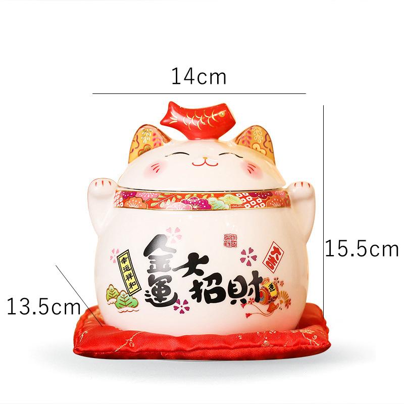 6 Inch Ceramic Maneki Neko Ornament Home Decoration Lucky Cat Figure Tabletop Candy Dish Cookie Canister Koi Fish Lid