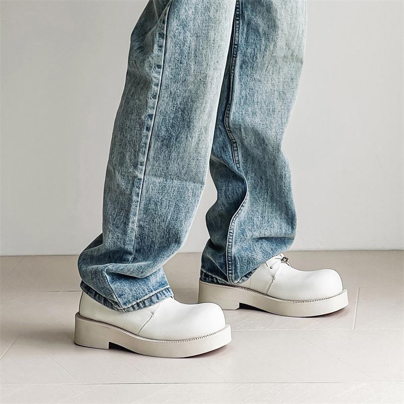 Summer white leather shoes men's leisure niche Internet celebrity tide thick sole heightening round head derby shoes 24225-J