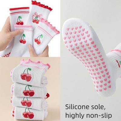 New Cotton Pilates Socks Harajuku Street Sweat-absorbent Cherry Embroidery Socks Breathable Non-Slip Grip Yoga Socks