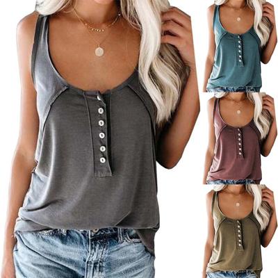 Women Solid Color Scoop Neck Buttons Vest Camisole Loose Blouse Top
