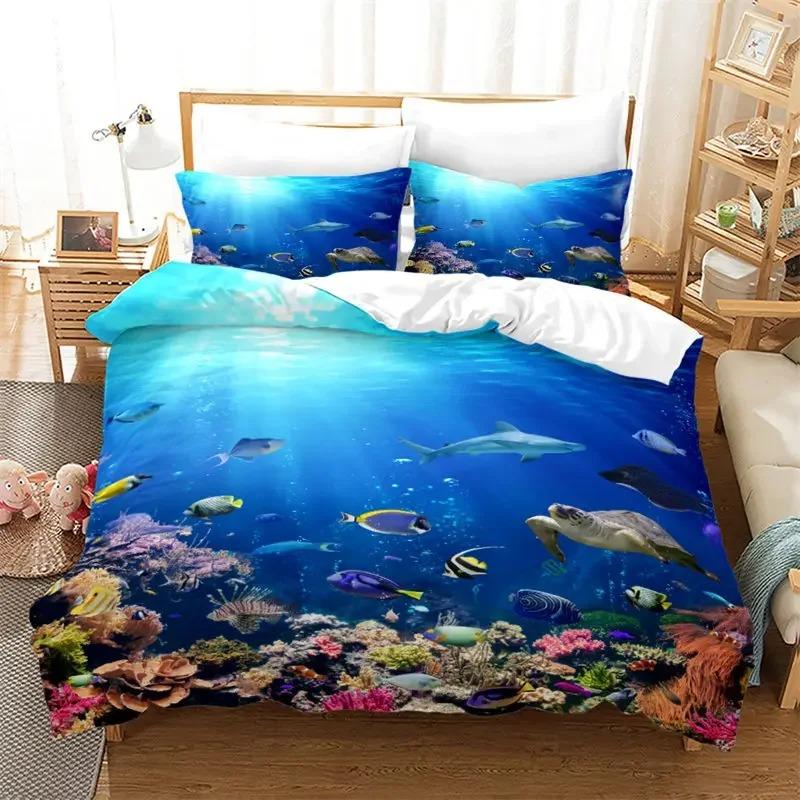 Kids Cartoon Ocean Fish Duvet Cover Microfiber Marine Theme Bedding Set Sea Underwater World Quilt Cover Queen For Boys Girls