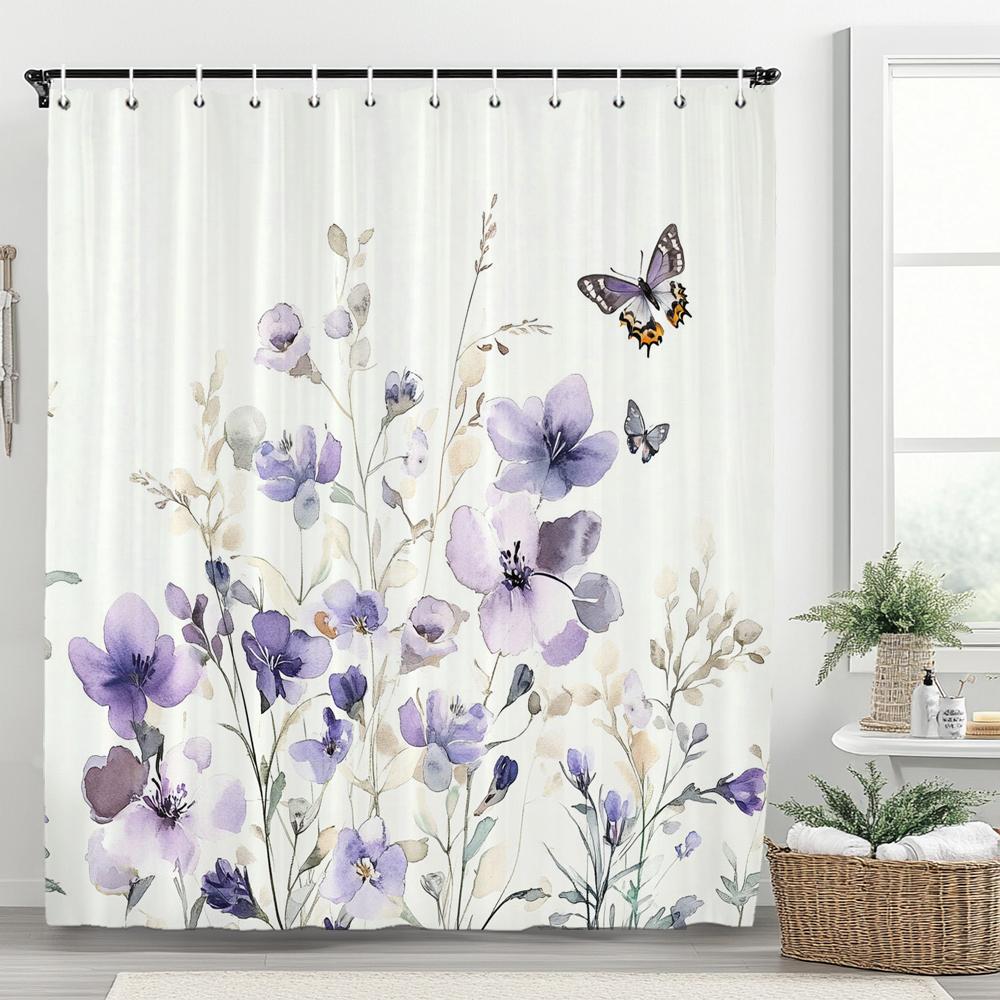 1pc Plant Purple Floral Shower Curtain, Bathroom Decorative Shower Curtain, Printed Polyester Fabric Shower Curtain with Hooks