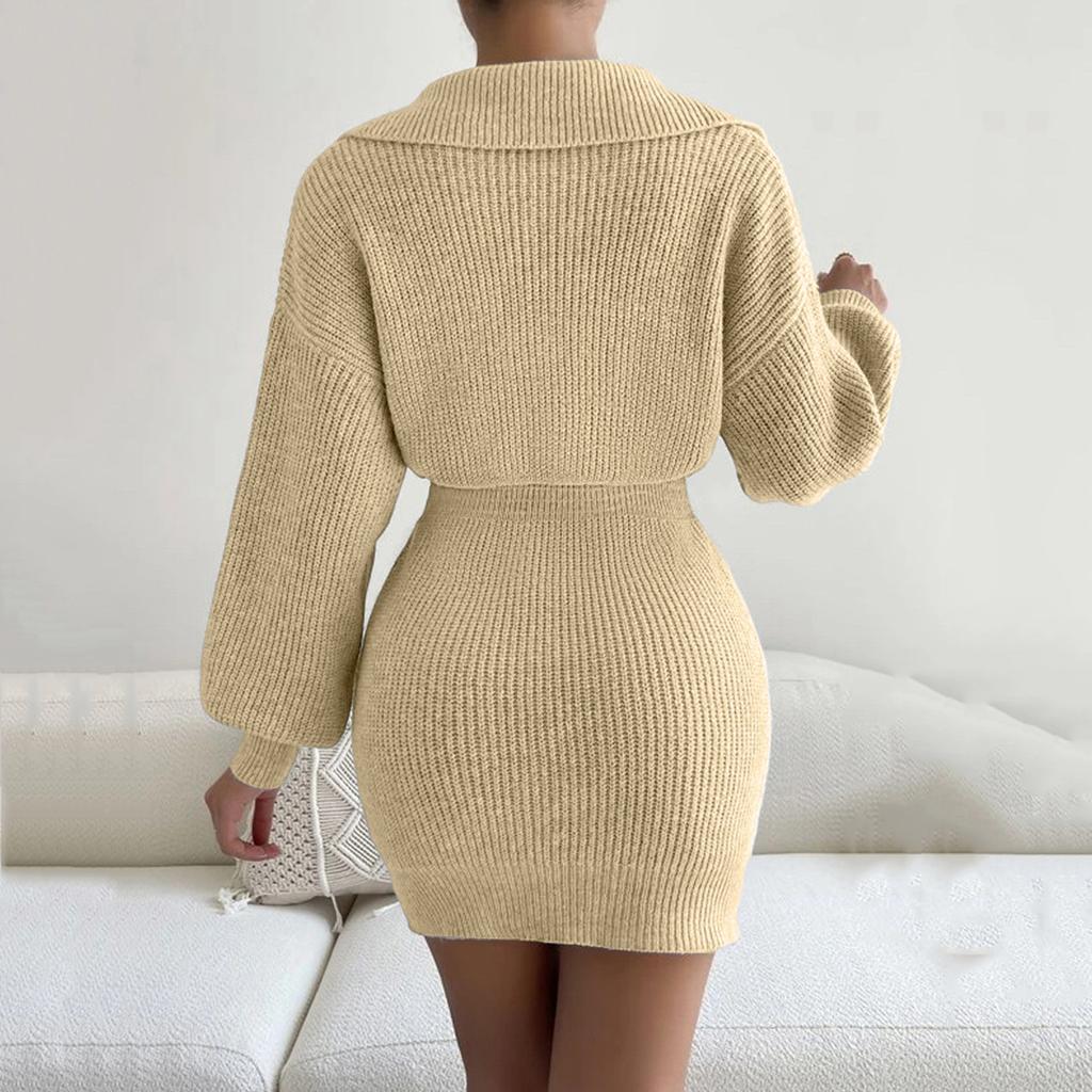 Women's Fashion Casual Turn-down Collar Lanterned Sleeve Long Sleeve Color Knitted Dress