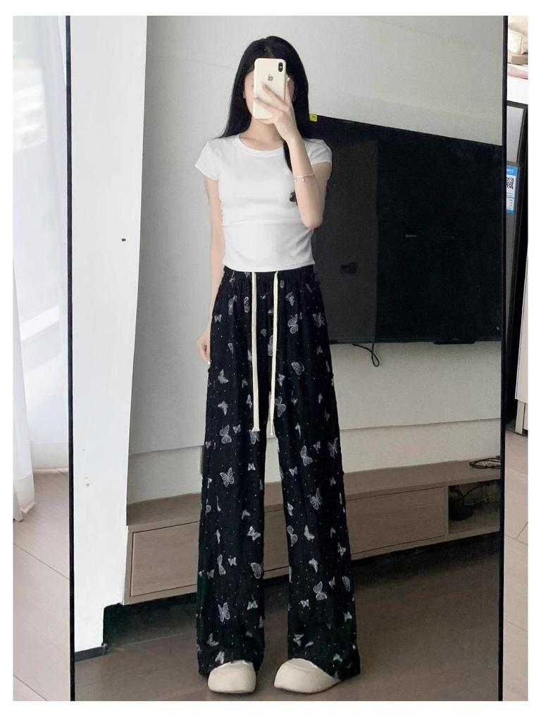 Japanese White Ice Silk Drapey Wide-Leg High-Waist Butterfly Ripped Pants - XS