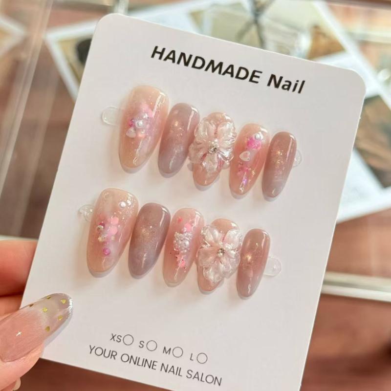 10Pcs Handmade Nude Pink Press On Nails - 3D Flower & Pearl Fake Nails XS