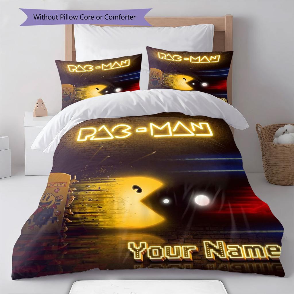 Pac-Man Custom Name Pattern Bedding,Quilt Set Quilt Cover Pillowcase Home Birthday Gift(1 * Duvet Cover + 2 * Pillowcase, Without Core)