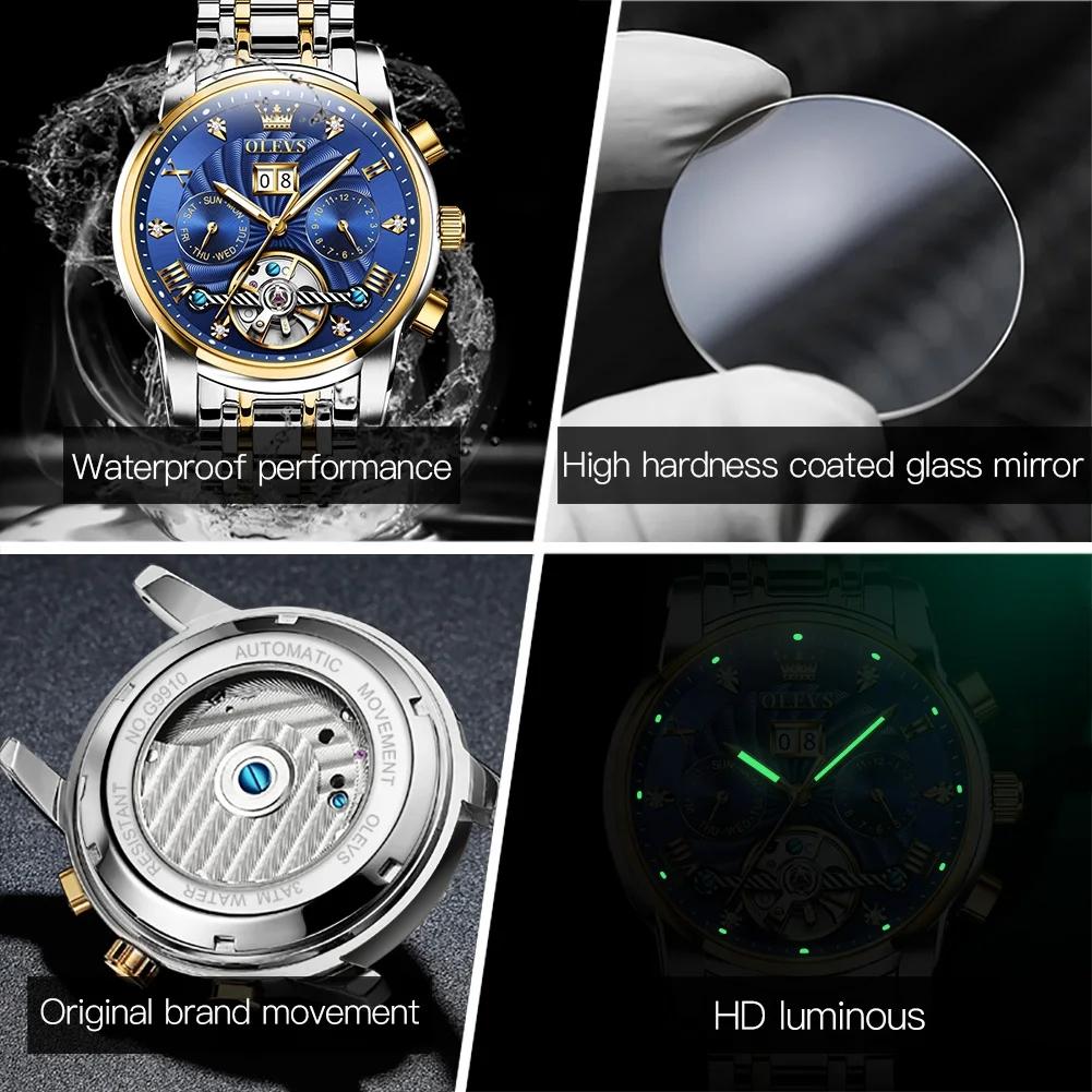 OLEVS 9910 Automatic Mechanical Watches Waterproof Luminous Hands Tourbillon Skeleton Wristwatches for Men Montre Relojes Hombre