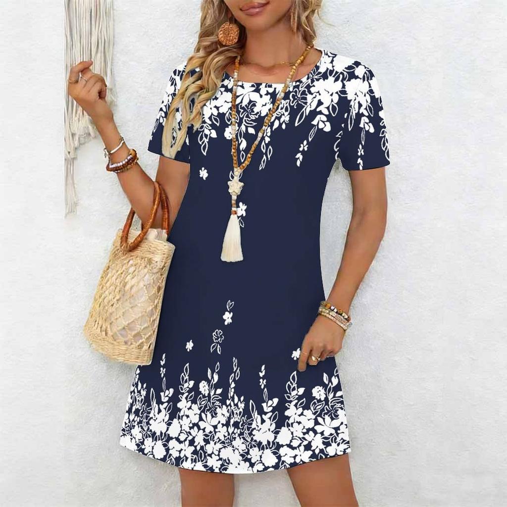 Damenmode Anmutig Schön Gebrochene Blumen und Früchte Druck Sommer Frühling Kurzarm O-Ausschnitt Freizeitkleider