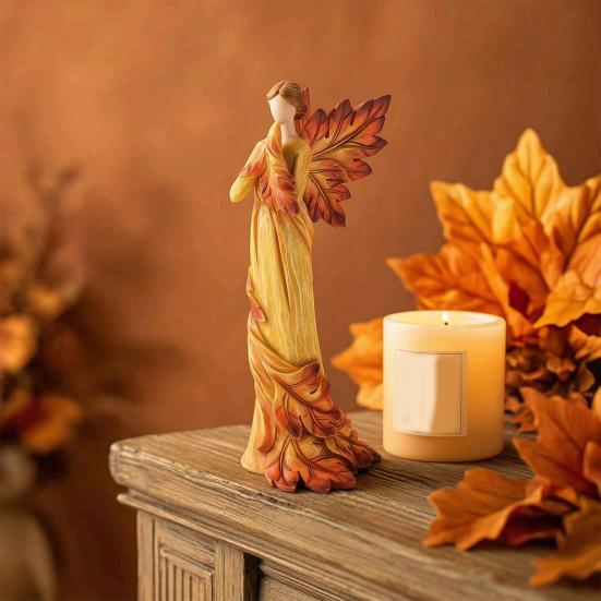 Maple Leaf Female Sculpture, Resin Prayer Angel Statue for Fall Thanksgiving, Home Office, Living Room, Church, Desktop Decoration