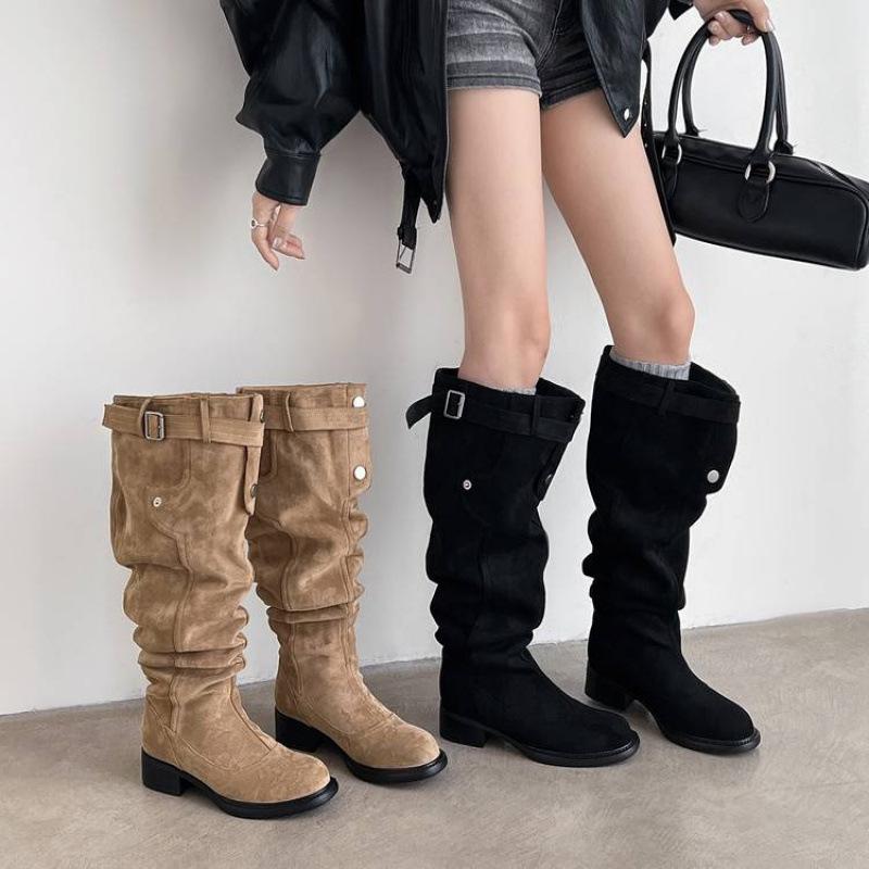 New Versatile Leather Knight Boots Large Size Women's Boots Sleeve Middle Heel Autumn and Winter Round Head Large Tube Circumference Thick Leg Hig