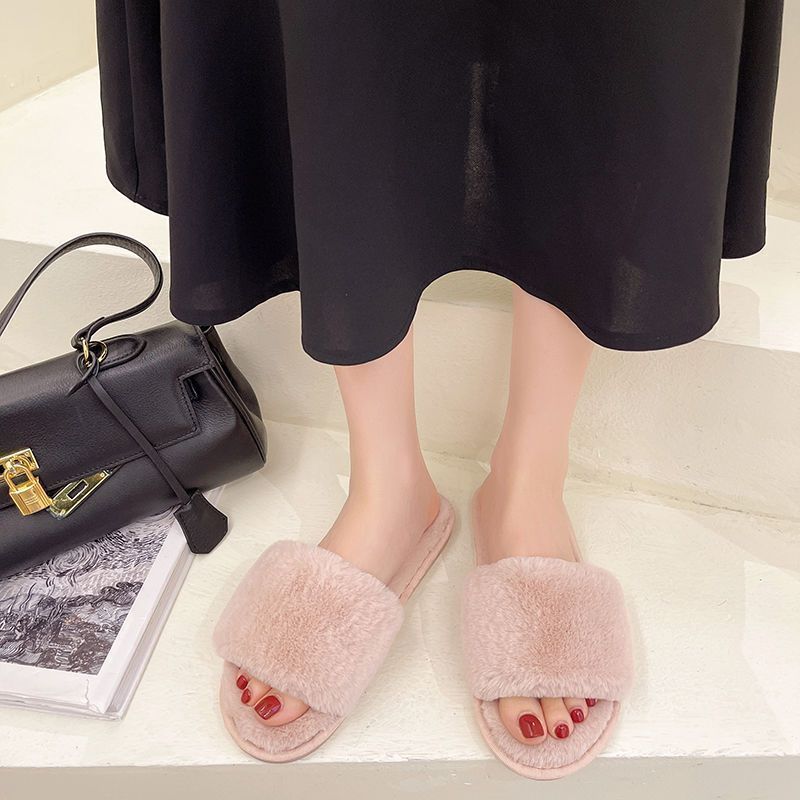 2025 Autumn and Winter New Versatile Fluffy Slippers Women's Home Flat Bottom Warm One-word Slippers Fashion Cotton Slippers