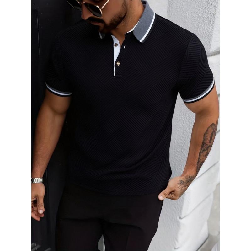 Men Textured Fabric Short Sleeve Polo Shirt Contrast Collar Button Neck Casual Daily Business Tops S чёрный
