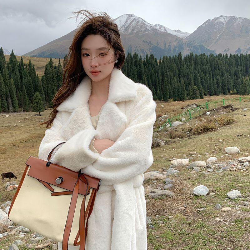 Winter Warm Thick Faux Fur Coat Women Long Trench Jacket Faux Mink Fur Collar Eco Friendly Outerwear