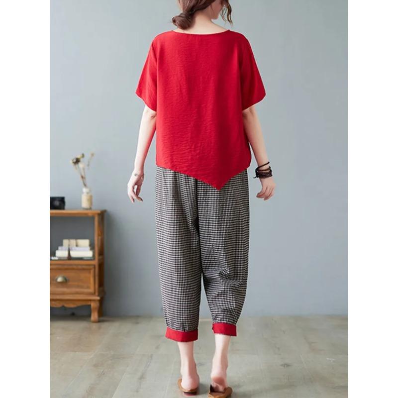 Sets Women Casual T Shirt Ankle Length Pants Summer Vintage Style Loose Pant Suits