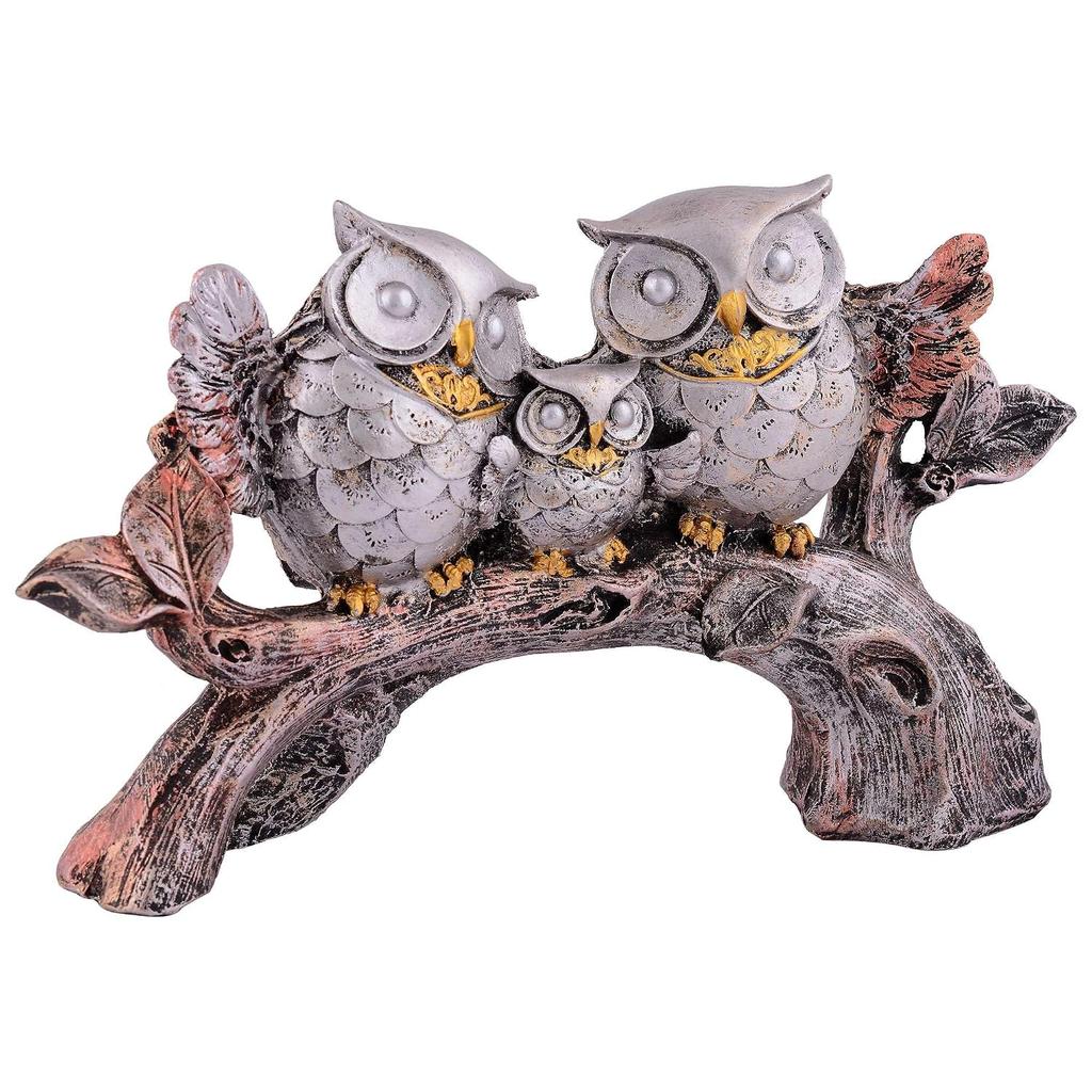 Owl Family Sitting On Tree, Decorative Bird Showpieces Statue - Silver
