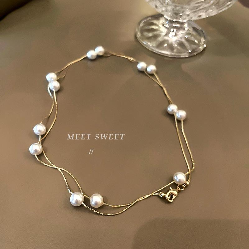 

Korean Double-layer Pearl Necklace Personalized Fashion Women s Clavicle Beaded Necklace Holiday Banquet Girl Jewelry Gift 1pc