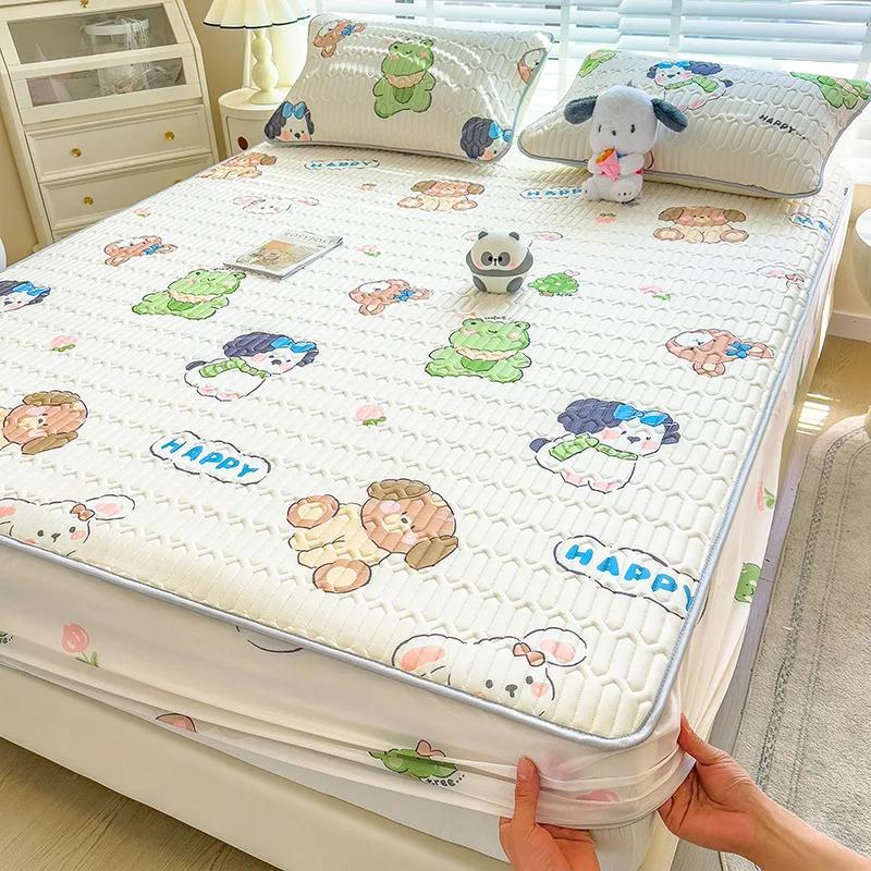 3Pc Summer Natural Latex Cooling Mat Set Cartoon Printed Fitted Sheet With Pillowcase Soft Non Slip Bedding With Elastic Band