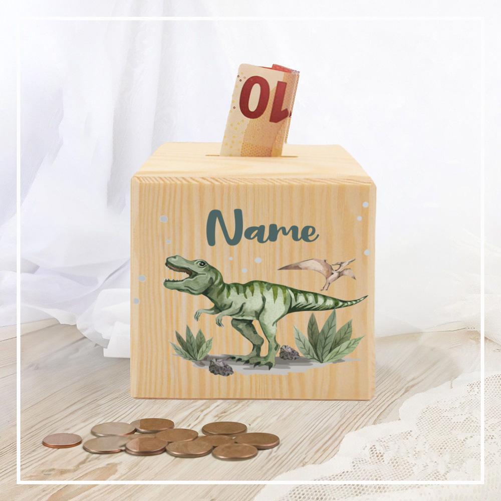 Customized Dino Dinosaur Pattern Wooden Piggy Bank Kids Money Boxes Coin Collection Case Wooden Coin Bank Child Shower Gift