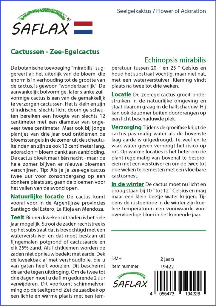 SAFLAX Garden In the Bag - Flower of Adoration - 40 Seeds - With Substrate In a Fitting Stand Up Bag - Echinopsis Mirabilis