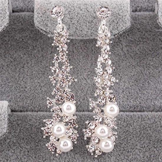 Long Pearl Bijou Earrings 1 Pair Silver 2 Pieces Left and Right Set Zirconia Crystal Ear Clip Charm Rhinestone / (color) CP158/SP