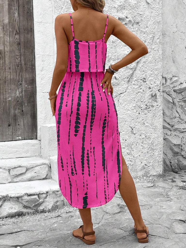 Strappy Printed Dress - Elegant Ink Silk Gauze for Commute and Casual Wear