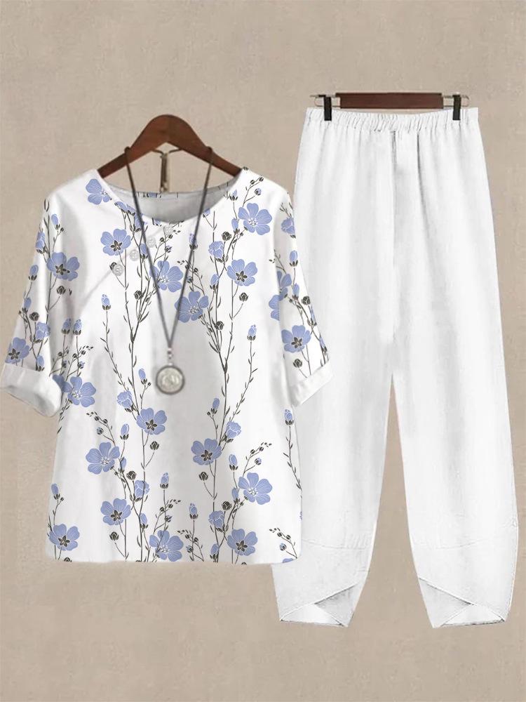 2023 Women's Casual Round Neck Five-Sleeve Top & Digital Print Two-Piece Set