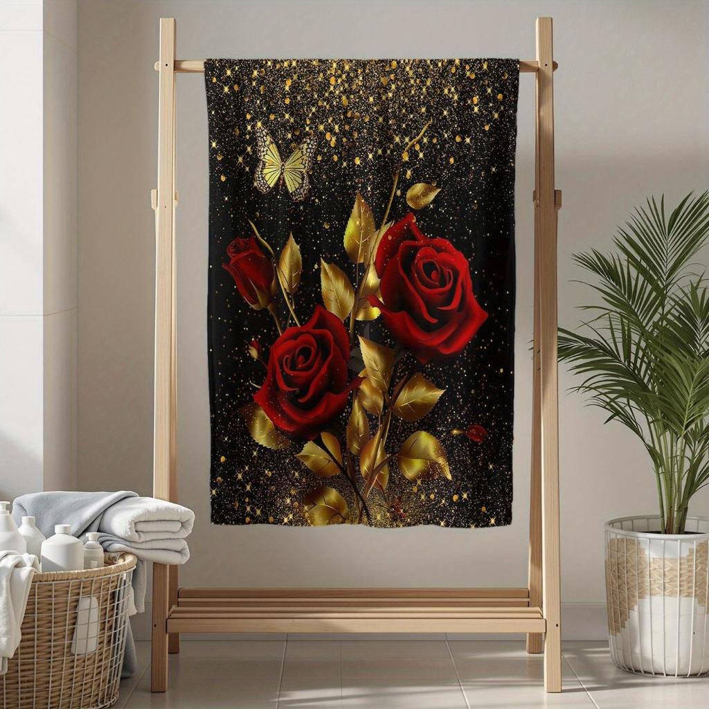 1pc Black Red Rose Blanket Skin-Friendly Soft Blanket Flannel Blanket 2025 New for Birthday Gift Home Sofa Chair Decoration