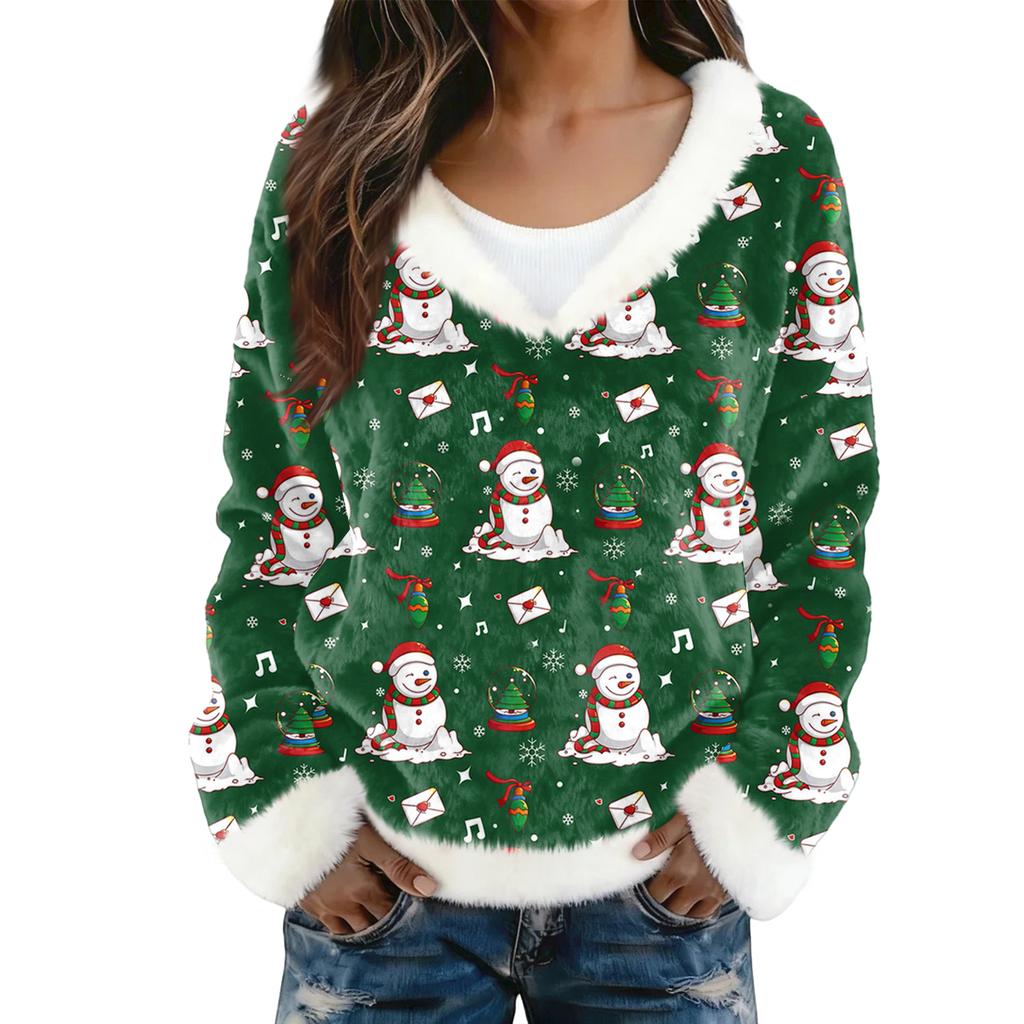 Women's Fashion Plush V Neck Pullover Top Long Sleeve Tee Christmas Printed Sweatshirt