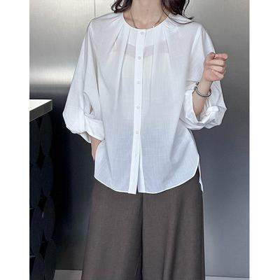 Ju Zhi 2025 Spring Chic Solid Color French Round Neck Gathered Sleeve Women's Shirt