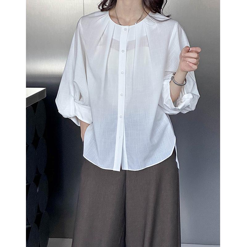 Ju Zhi 2025 Spring Chic Solid Color French Round Neck Gathered Sleeve Women's Shirt