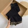 Women's Retro Black Leopard Print Rolled Hem Wide Leg Jeans